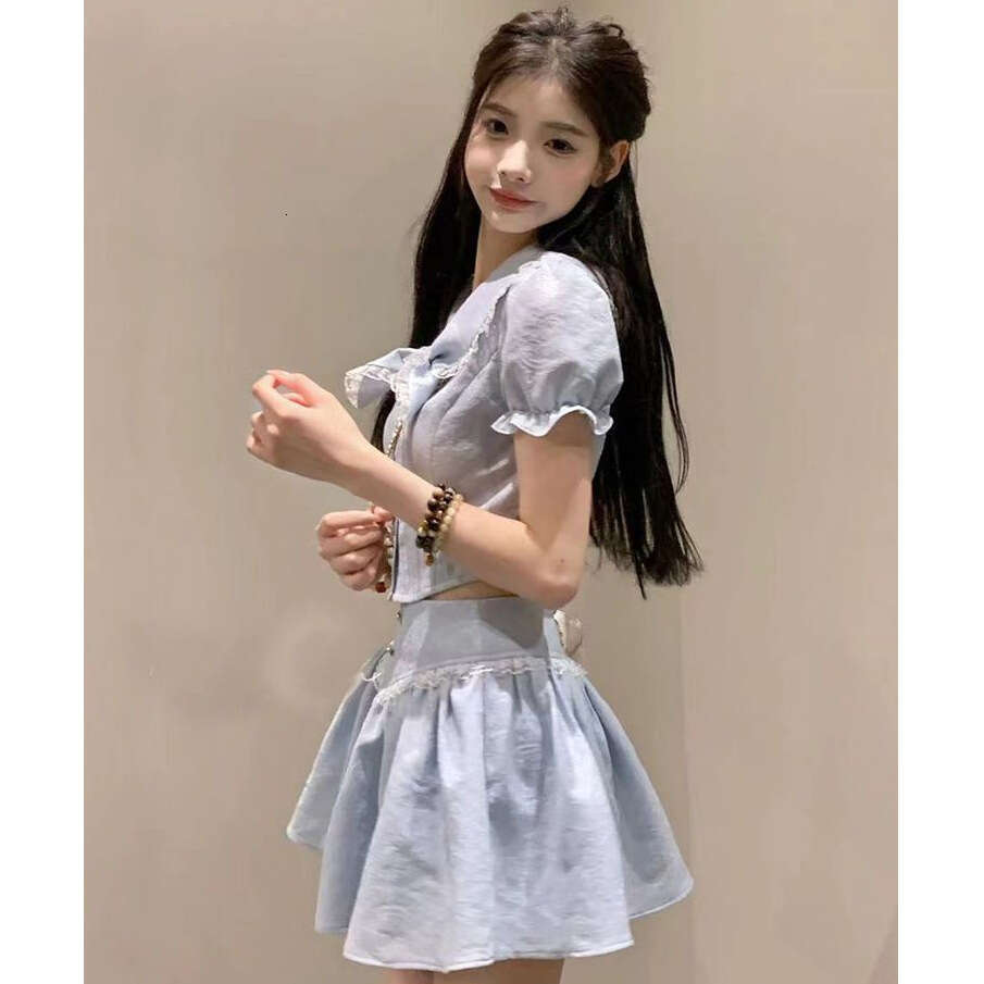 DHEssentials Chanel Style Two-Piece French Tea Break Lace Trim Double Layer Collar Shirt + Ruffled A-Line Short Skirt Set for Women