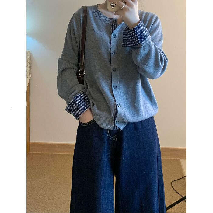 DHEssentials Gray Little Chanel Style Fake Two-Piece Base Shirt Cardigan Sweater Coat for Women Autumn Winter Lazy High-End Knitted Top