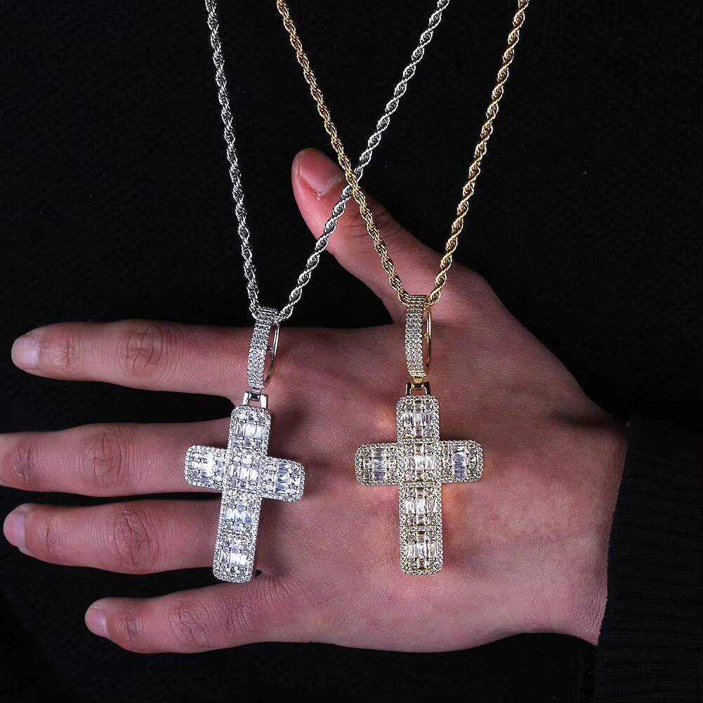 Baguette Cross Chain 14K Gold Plated Trendy Hip Hop Men Women Religious Jewelry Iced Out Moissanite Jesus Pendant Necklace