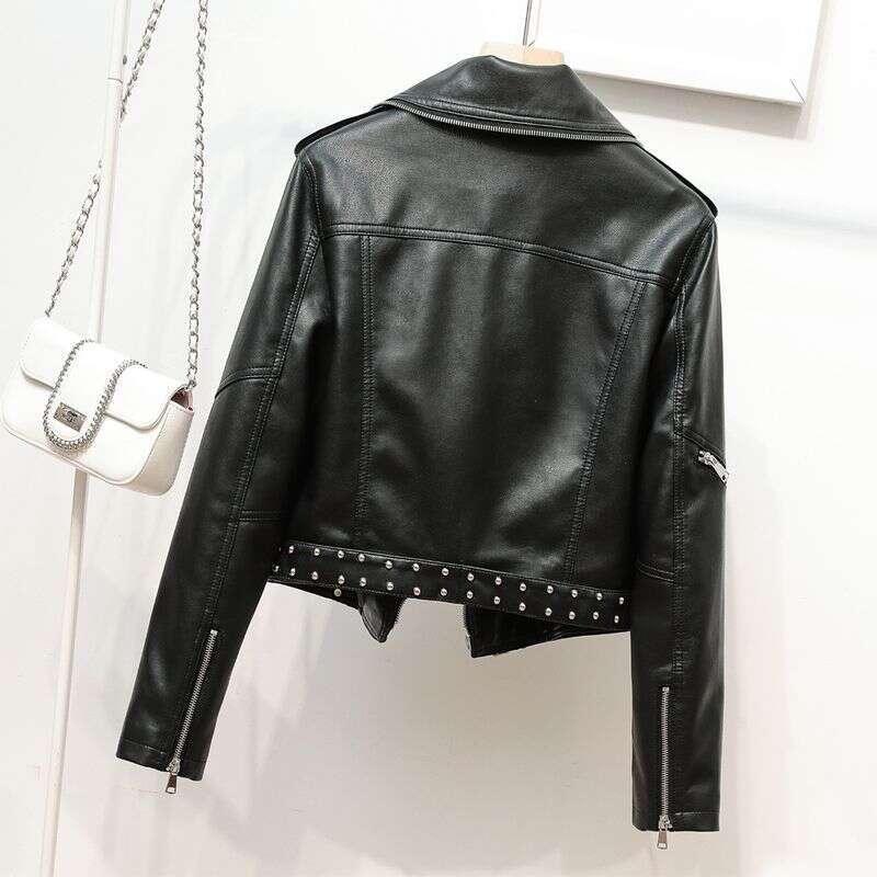Women's Belt Rivet Heavy Industry Zipper Decorative Lapel Ladies PU Clothes Epaulets Leather Jacket