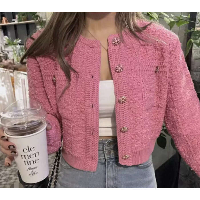 DHEssentials 2025 Autumn Winter French Style Small Fragrance Button Round Neck Short Knitted Sweater Top Fashionable Casual Versatile Stylish Cardigan