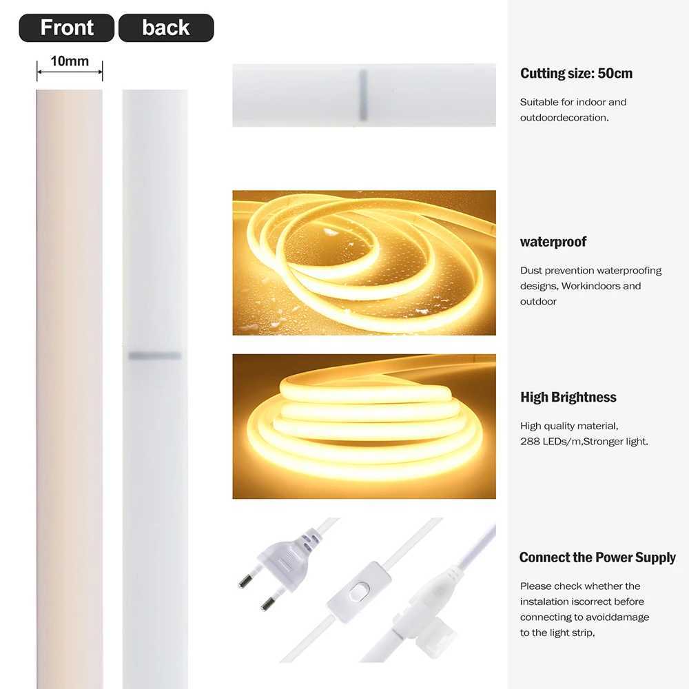 Switch COB LED Strip Light 220V ONOFF EU Plug 288LEDsM IP67 Waterproof Hight Bright WarmNatural White Flexible Neon Tube Lamp C250912