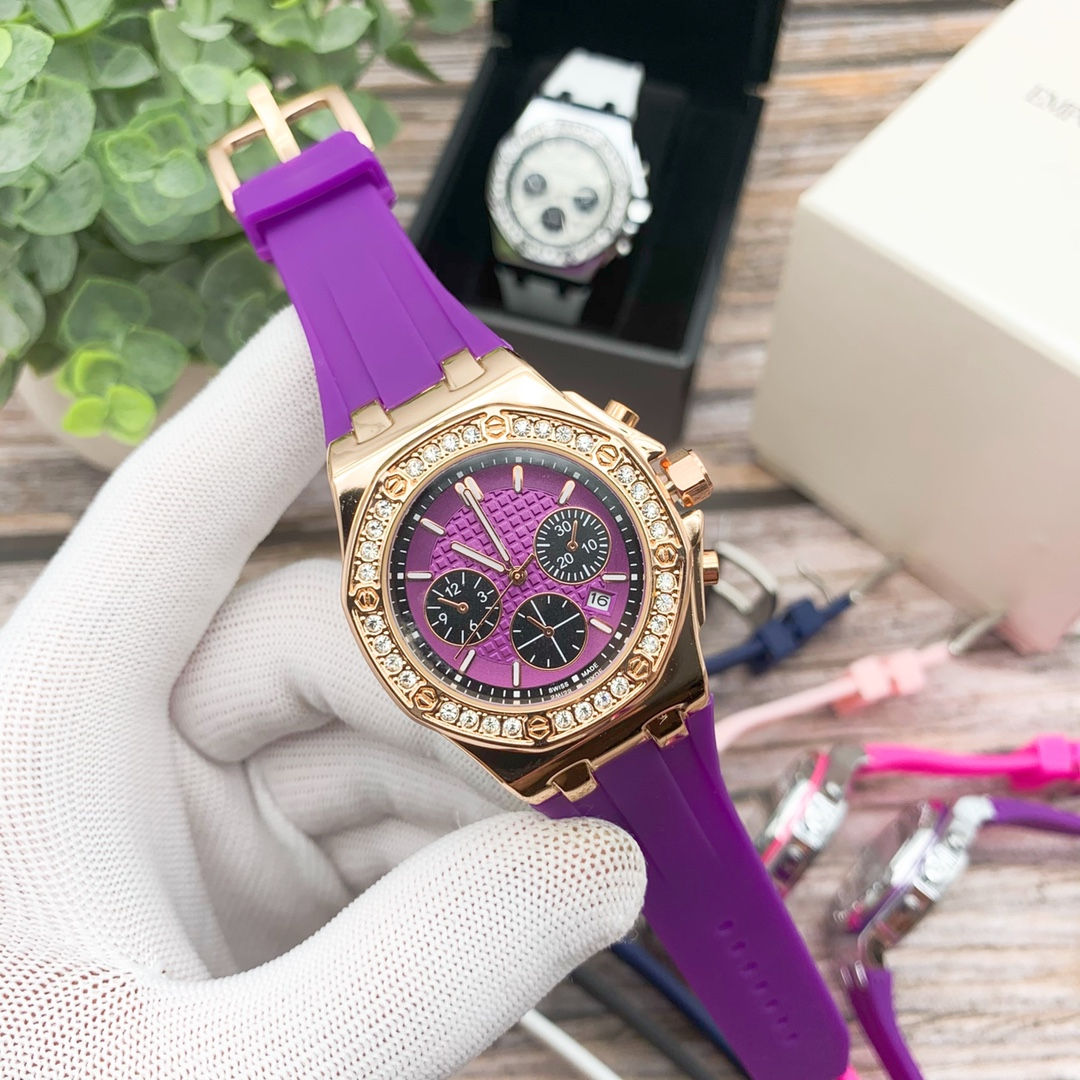 NEW Top luxury APity Quartz Movement 6 needles ROYALOAKity Circle Diamond Watches Sports women Chronograph Watch luminous Rubber Bracelet Wristwatches #72