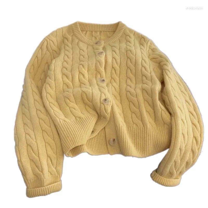 Women's Sweaters Loose Knitted Yellow Twist Open Cardigan Short Style Early Spring 2025 Sweater Top Crew Neck Pattern