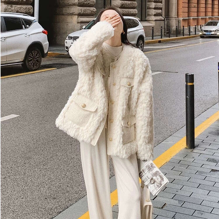 DHEssentials Chanel Furry Coat for Women, High-End Feel, 2024 Spring Lamb Wool Design, Elegant Cotton Jacket, Autumn Korean Style Top