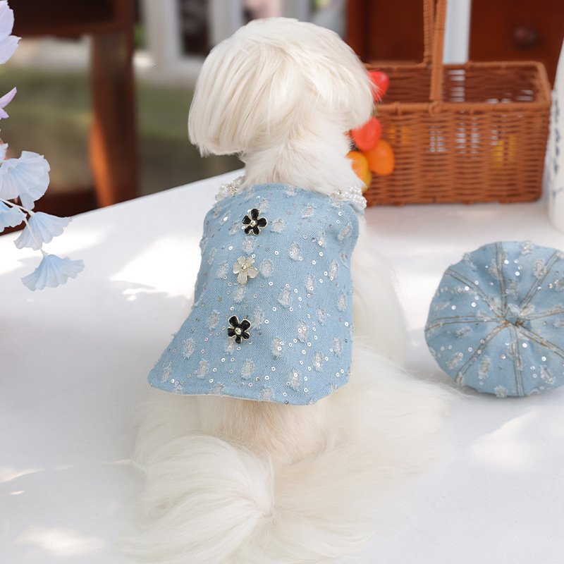 Pet Denim Sequin Vest Cute Beret Dog Autumn and Winter Coat Teddy Schnauzer Pet Small Dog Denim Vest with Fleece Puppy Clothes