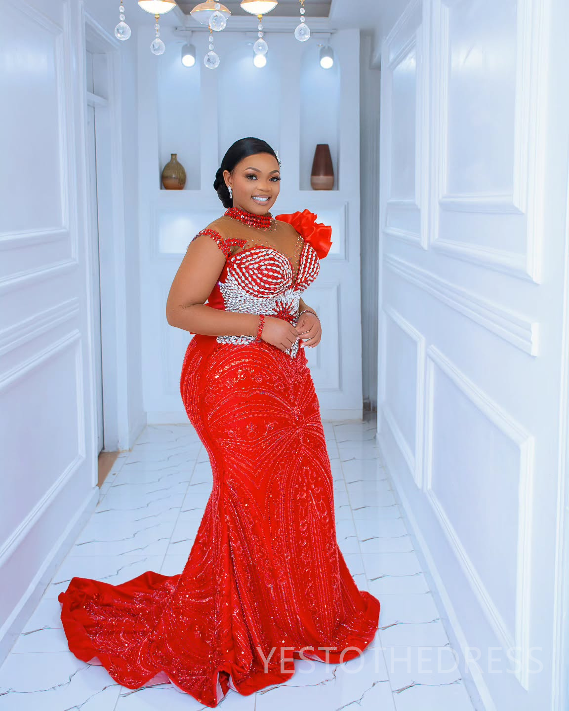2025 Mermaid Plus Size Red Prom Dresses For Black Women Detachable Train Formal Gowns Beaded Lace High Neck Tiers Ruffles Birthday Second Reception Go