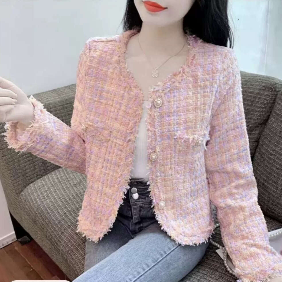 DHEssentials Spring Summer New Elegant Socialite Little Chanel Style Coat for Women Pink Tweed Frayed Edge High-end Small Short Top