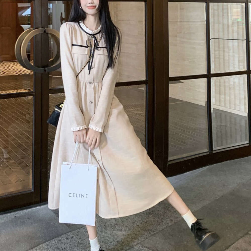 DHEssentials Chanel Style for Women, Autumn Winter 2025 New Elegant Socialite Waist Slimming Mid-Length Tie Long Sleeve Dress