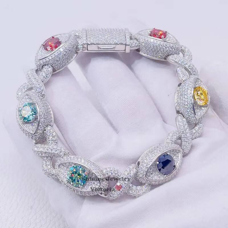 Hip Hop Jewelry Men Fashion 14K White Gold Plating Sterling Silver 925 Iced Out VVS Moissanite Diamond Evil Eye Cuban Bracelet 1