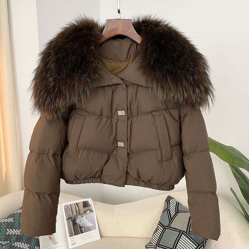 Women's Clothing Spot Winter New Women's Short Thick Warm Oversized Real Raccoon Fur Collar Down Jacket Small Size Coat