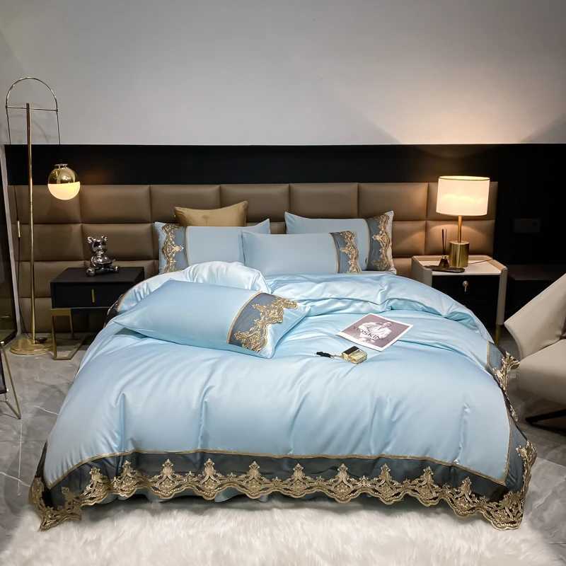 Luxury Bedding Set 3Pcs Duvet Cover Set King Size Bed Skirt Lace Double Side Washed Silk Design Reactive Printing Sleep Coolly C250912