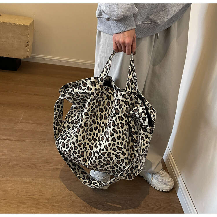 Niche Leopard Print Canvas Tote for Women, Casual Designer Bags Large Capacity Fashion Handbag, Korean Style Trendy Single Shoulder Crossbody Bag