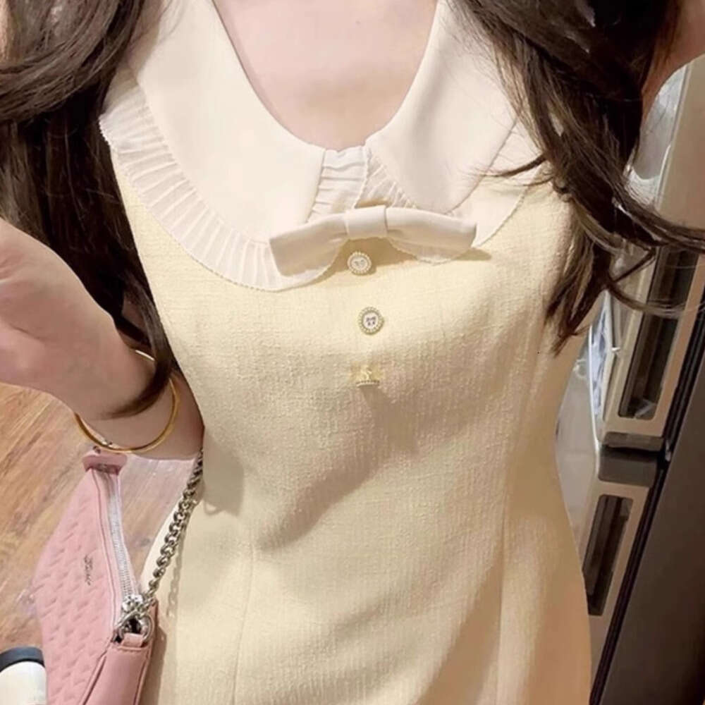 DHEssentials French Style Elegant Little Chanel Doll Collar Sleeveless for Women Summer Waist Slimming Rich Lady Yellow Short Dress