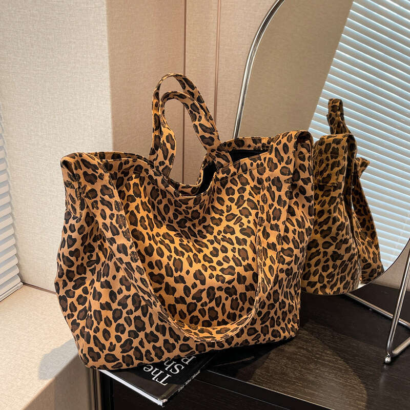 Niche Leopard Print Canvas Tote for Women, Casual Designer Bags Large Capacity Fashion Handbag, Korean Style Trendy Single Shoulder Crossbody Bag