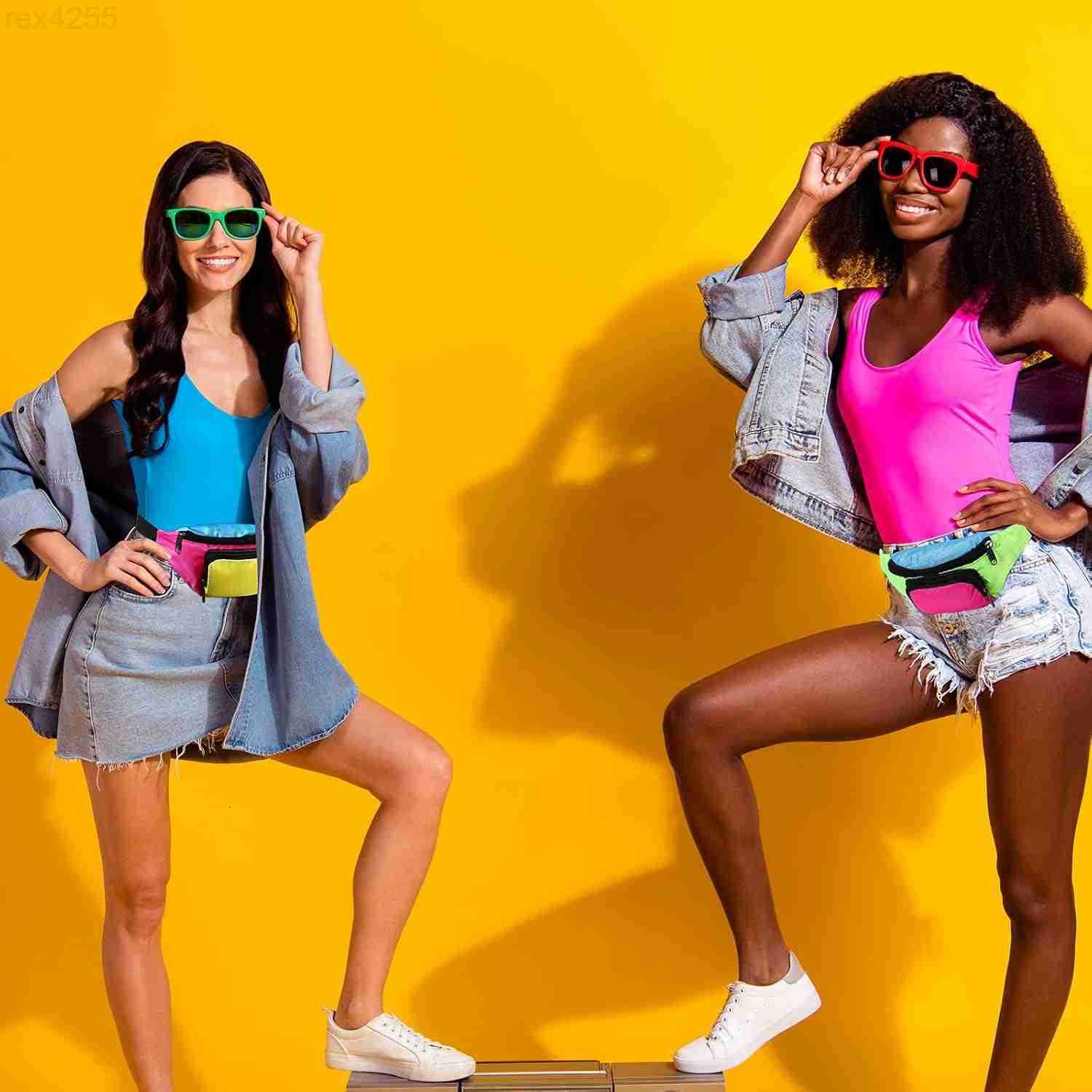 80s Retro Neon Fanny Pack 2 Pockets Belt Bags 90s Costumes for Women Men Waist Packs for Holiday Festival 80s Theme Halloween PartyGreen BottomW250912