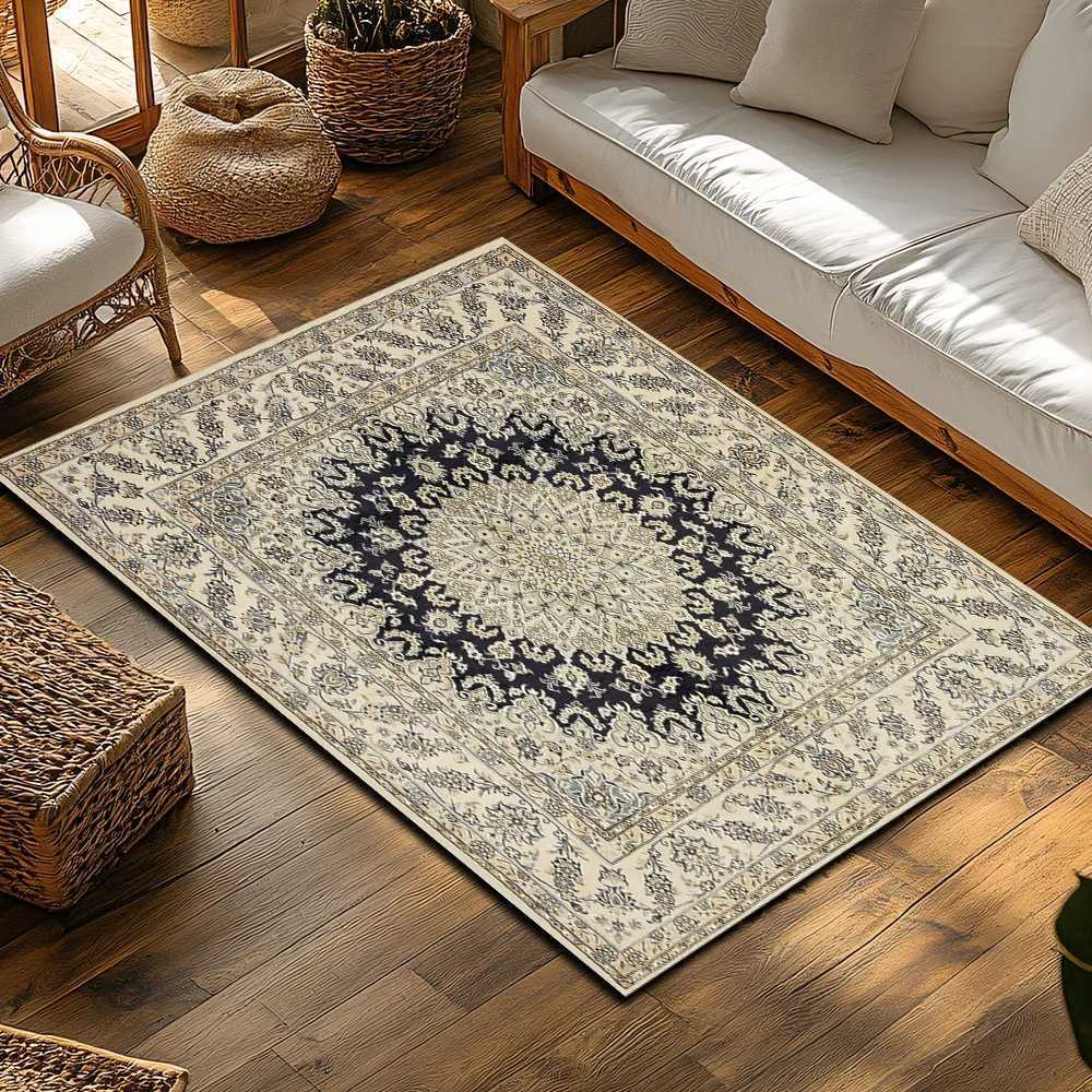 Classic Floral Design Persian Area Rug Cream Royal Blue Boho Accent Carpet for Living Room Decor 8 x 10 Feet Custom Sizes Avail C250912