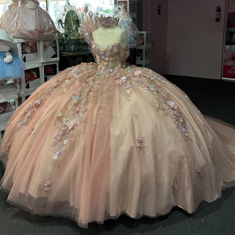 Pink Ball Gown Quinceanera Dresses Off The Shoulder Applique Flower Beads Tull Party Birthday Sweet 16 Dress Vestidos 15 De Anos