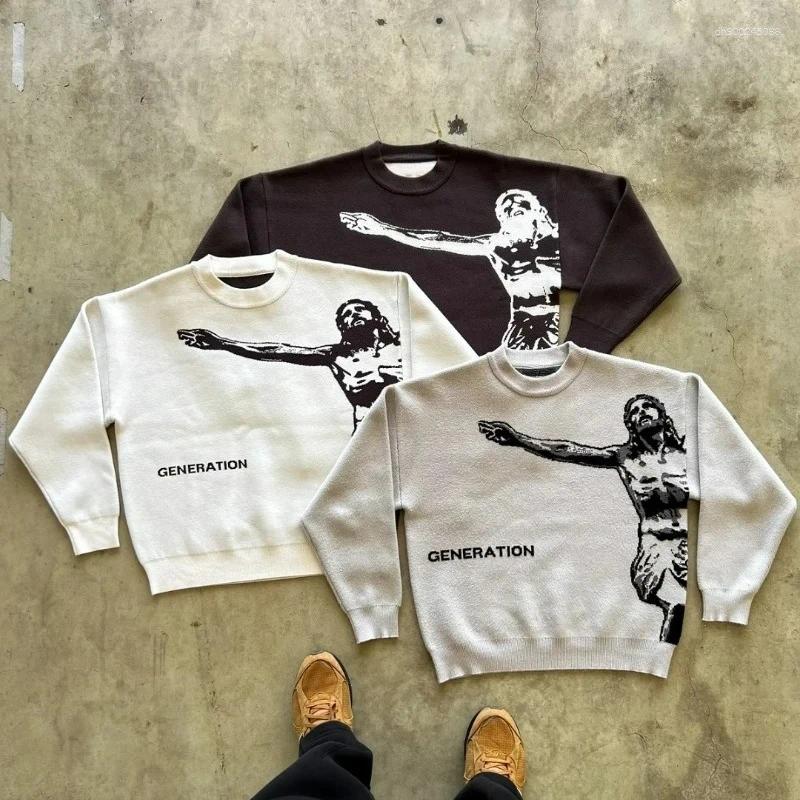 Men's Sweaters Y2K Harajuku Retro Saviour Knit Sweater American Trendy Avatar Letter Daily Pullover Autumn Winter Warm Boxy Clothes