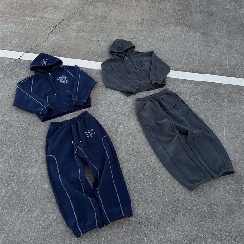 American Y2K Casual Zipper Hoodie Sweatpant Two Piece Set HipHop Oversized y Sweatshirts Men Women Pants 250911