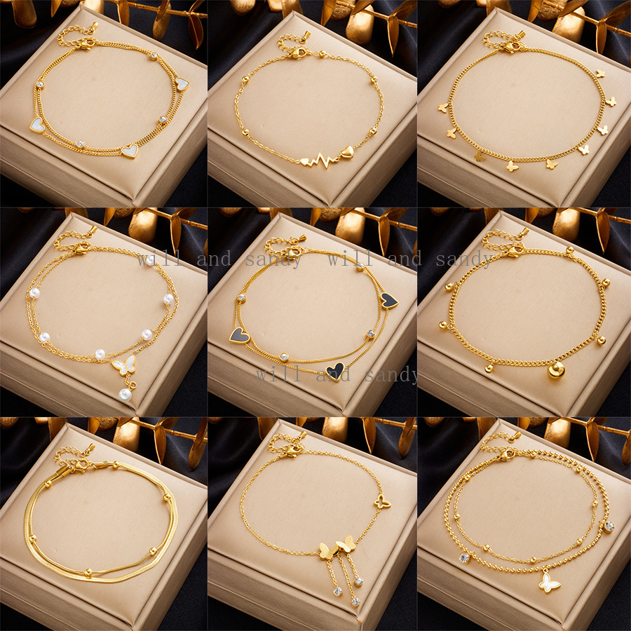 18k Gold Chain Stacking Anklet Bracelet Summer Foot Chain for Women Love Heart Butterlfy Charm Multilayer Foot Charm Anklet Chain Summer Beach Fashion