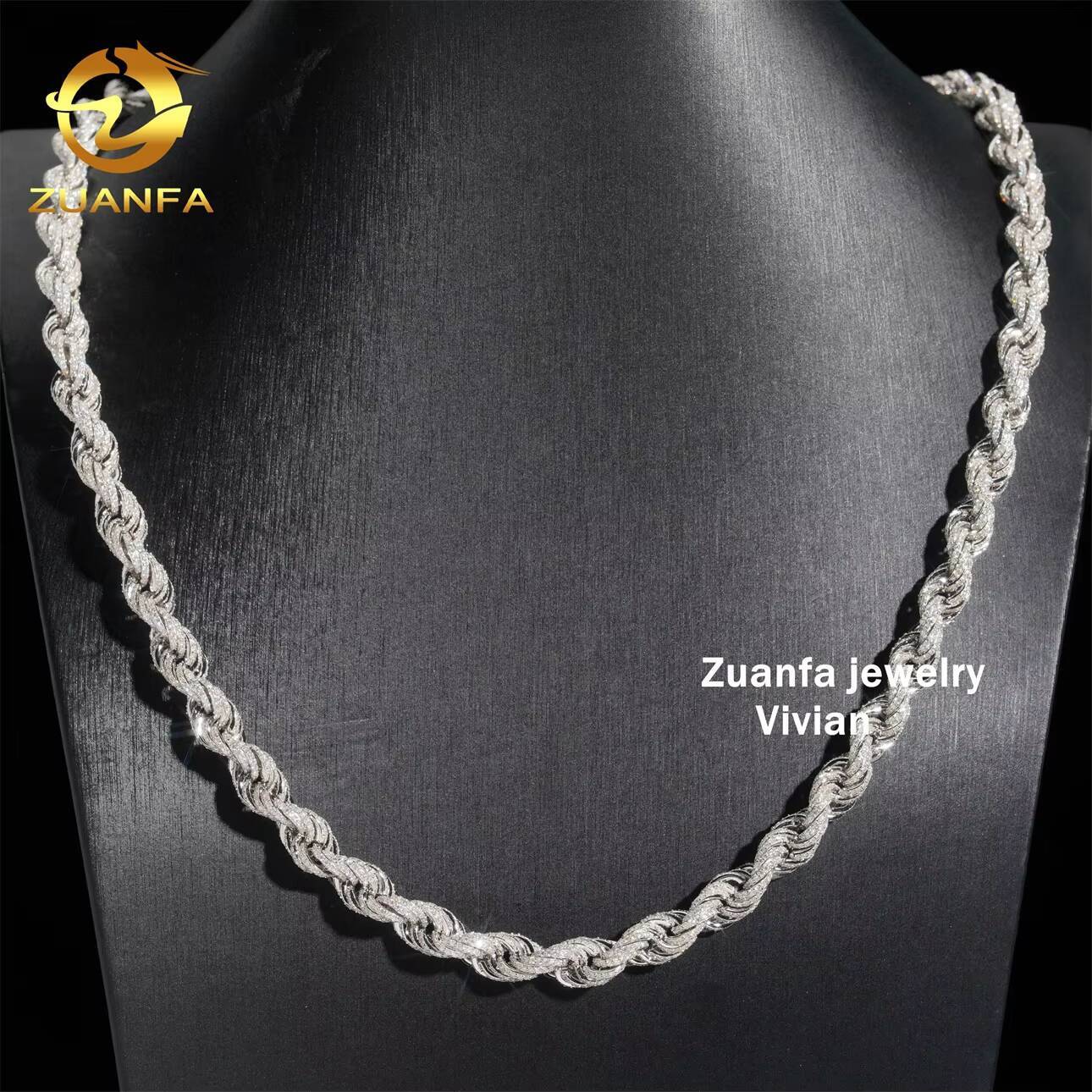 Hip Hop 10mm 925 Sterling Silver Necklace With Moissanite Clasp Iced Out Rope Chains for Menwomen