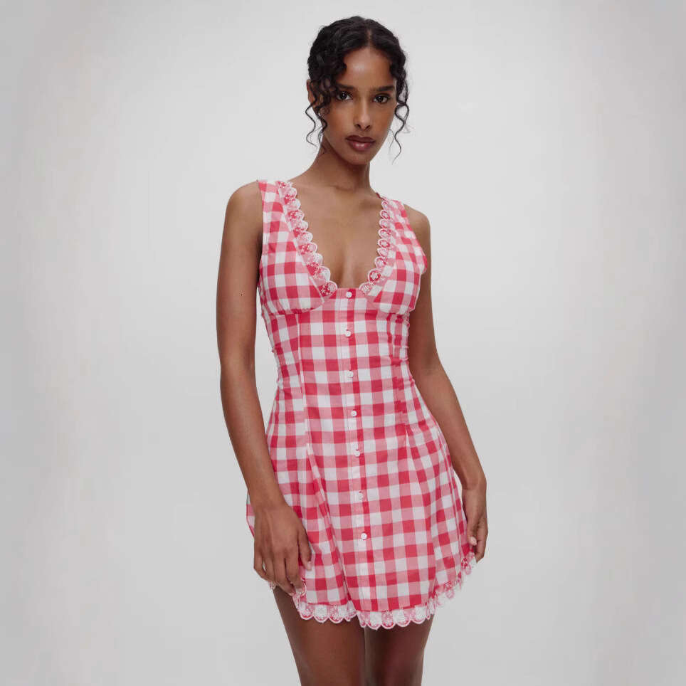DHEssentials Summer Style Little Fragrance Hot Girl Sexy Backless Fashionable Short Plaid V-neck Halter Slim Waist Strap Dress