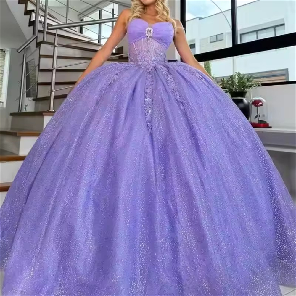 Ball Gown Quinceanera Dresses Lavender Cinderella Glittering Lace Applique Tulle Customized Sweet 15 16 Princess Birthday Party Gowns Vestidos De 15 A