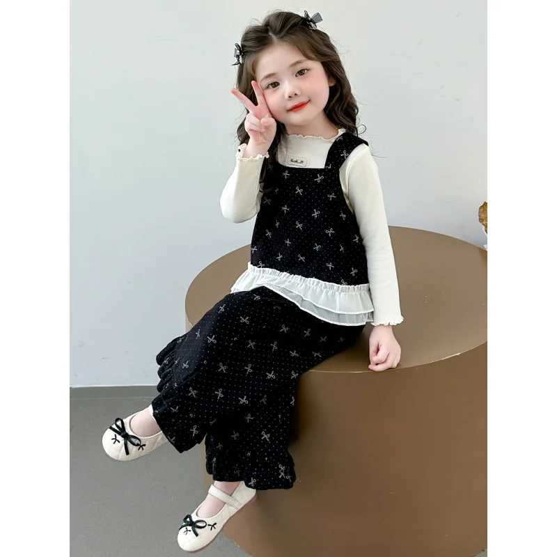 2025Girls Spring and Autumn New Casual Stylish Full Print Bowknot Base Shirt HighQuality Pants ThreePiece Set C250912