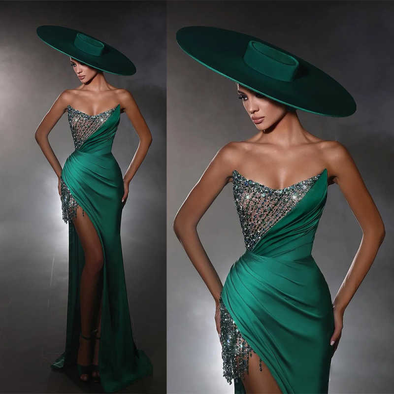 Sexy Mermaid Evening Dress Strapless Beading Sequins Prom Gowns High Splits Sleeveless Floor Length Party Dresses Customized