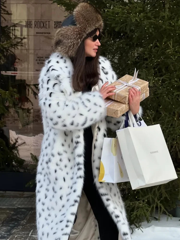 Printed Faux Fur Coat Winter Fluffy Long Sleeve Overcoat Loose Jacket 2025 Street Fashion Lady Warm Outerwears 250912