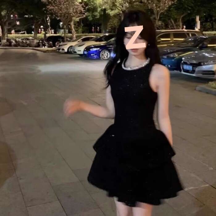 DHEssentials French Style Black Shimmer Vest for Women, High-End Socialite Elegant Waist-Cinching Birthday Cake Short Dress