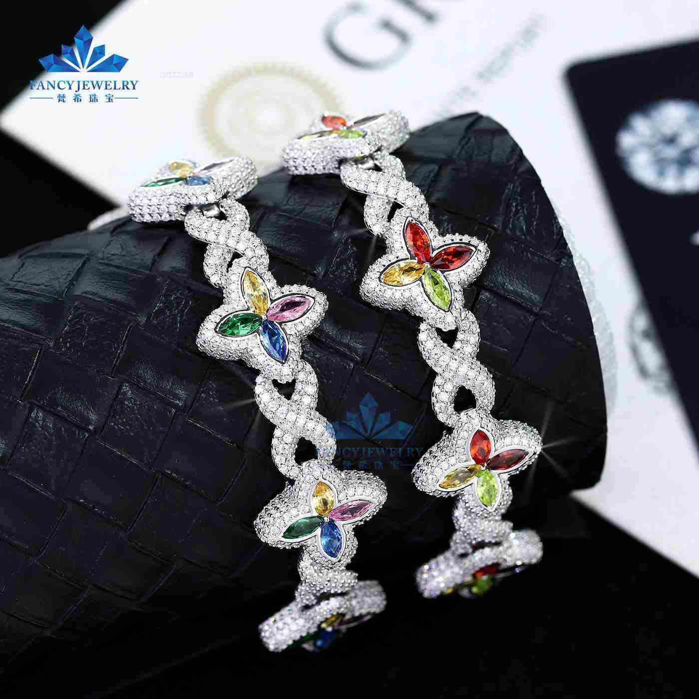 2025 Colorful Marquise Eye Moissanite Four Leaf Clover 925 Silver Cuban Chain Bracelet Gold Plated Mens Women Party Jewelry Gift