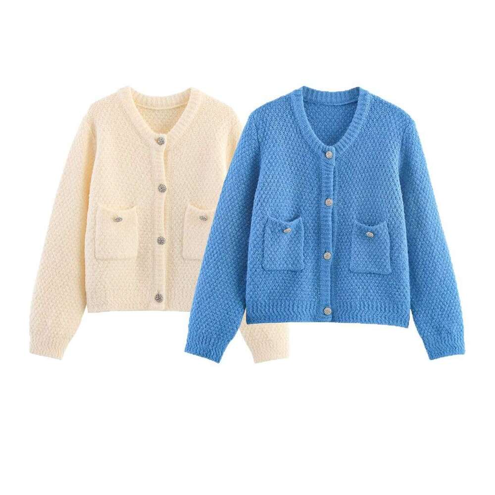 DHEssentials 2025 Autumn New Women's Fashion Wind Diamond Check Pocket Chanel Style Round Neck Knitted Long Sleeve Sweater Coat