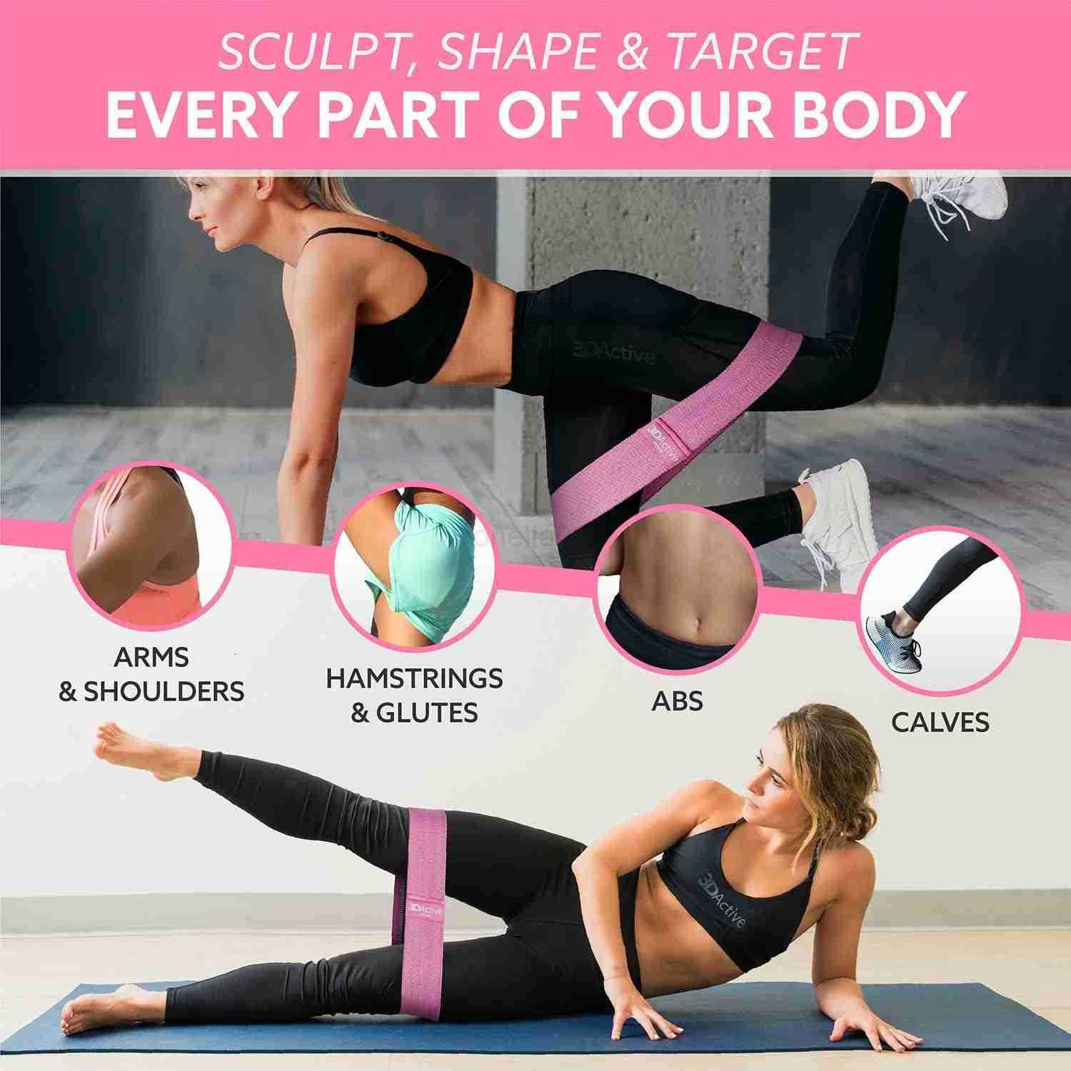 3DActive Fabric Resistance Bands for Legs Butt Wide NonSlip Hip Band Set for Home Gym Workouts Exercise Guide Carry Bag Included W250912