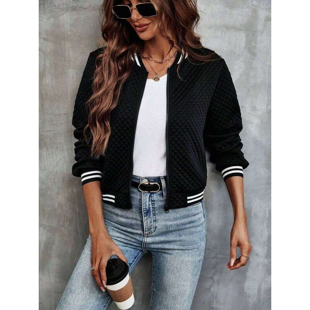 Trendy Zip-Up Baseball Jacket - Polyester & Spandex Blend Casual Outerwear For Women (Black, Striped/Checkered, S-Xxl)"