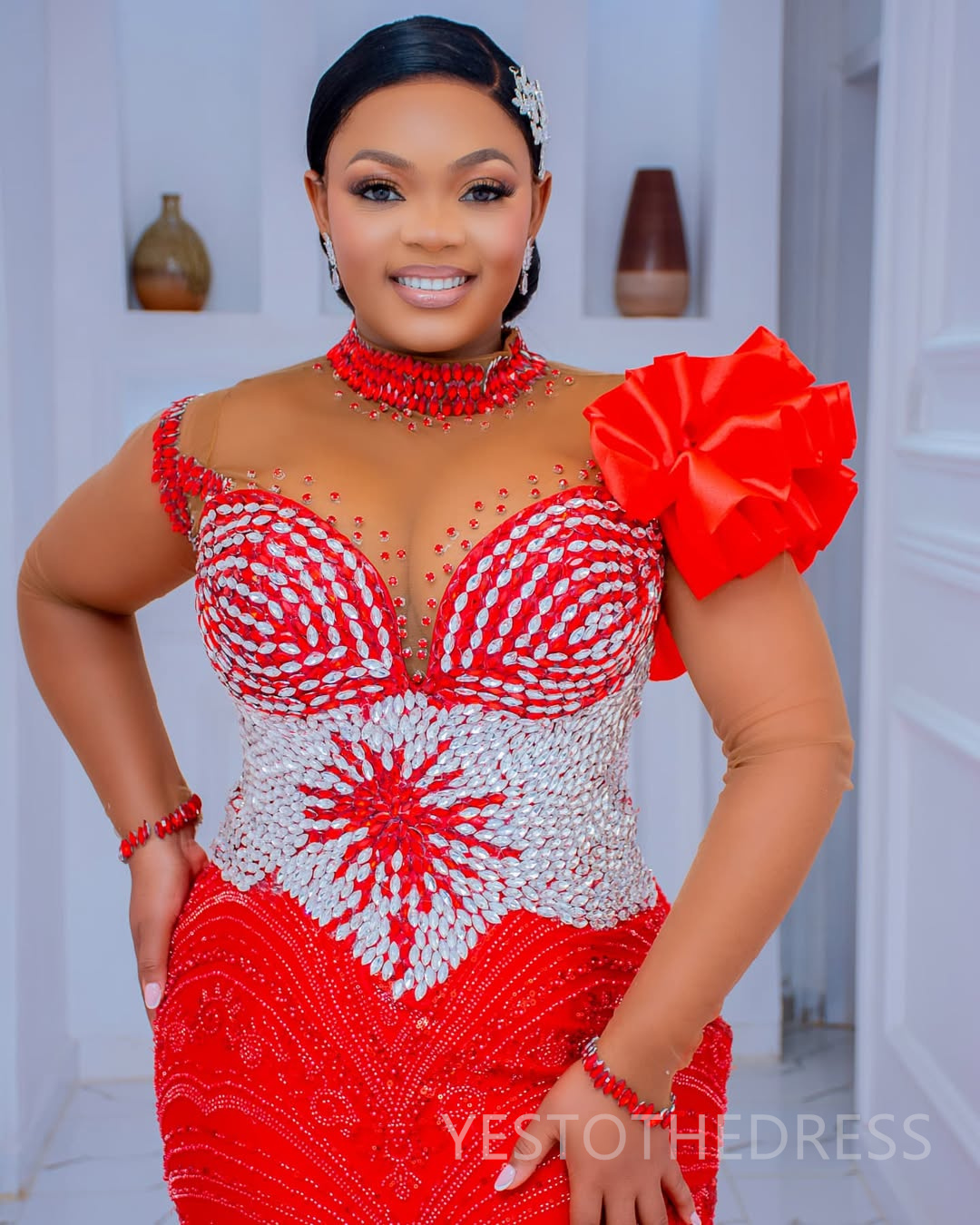 2025 Mermaid Plus Size Red Prom Dresses For Black Women Detachable Train Formal Gowns Beaded Lace High Neck Tiers Ruffles Birthday Second Reception Go