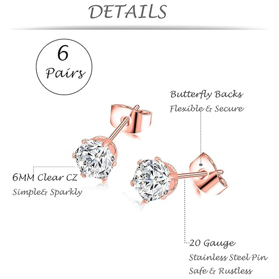 6 Pairs Stainless Steel Stud Earrings CZ Ball Earring Set For Men Women 6MM Rose Gold Tone