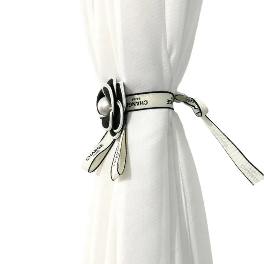 Camellia Flower Pair Set Curtain Tieback Gold Hanging Ball Braid Rope Holdback Window Drape Room Accessories Curtains Holder Buckle Strap