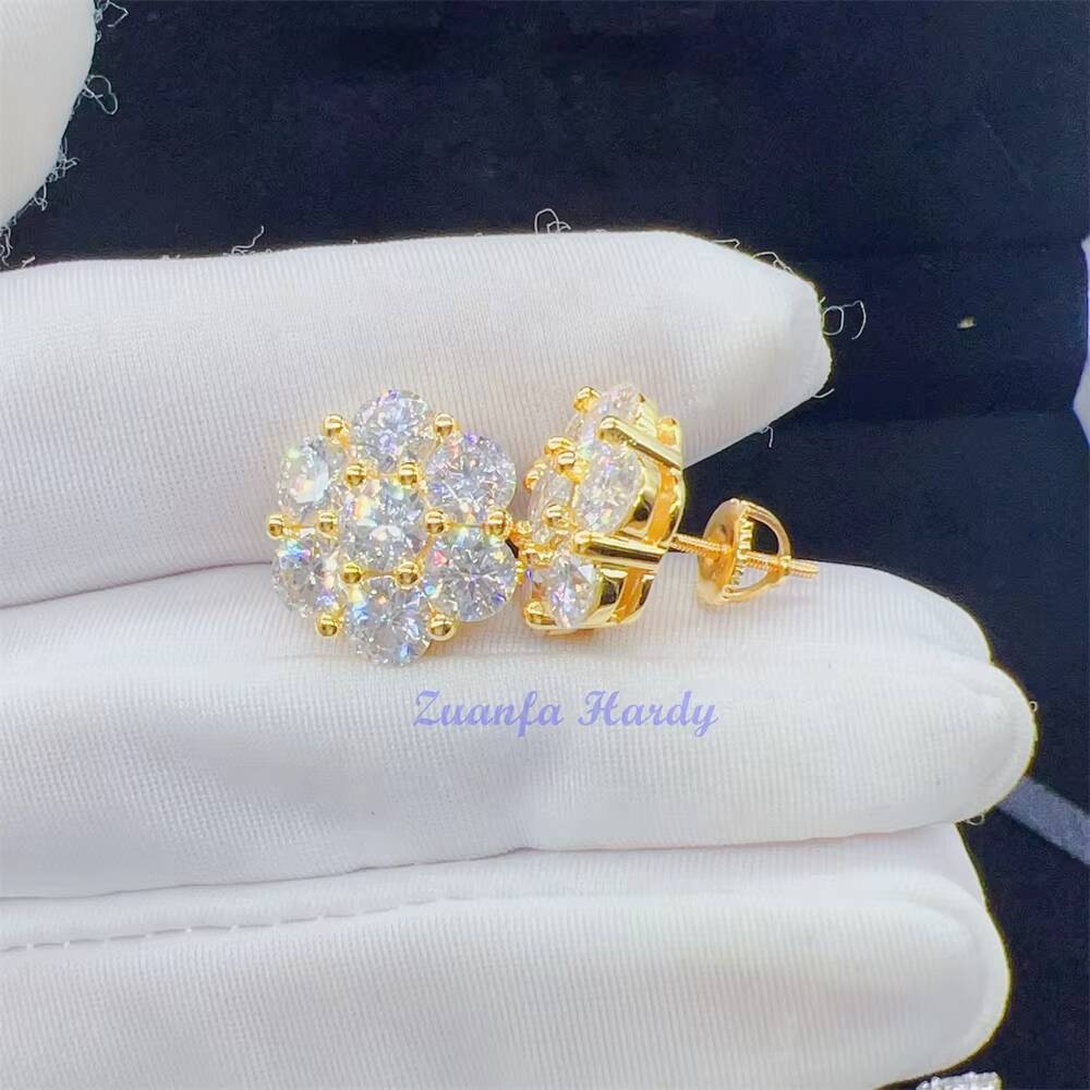 Zuanfa Hot Top Selling Pass Diamond Tester Fine Jewelry 925 Silver 8mm 12mm 15mm Flower Earrings VVS Moissanite Stud Earrings