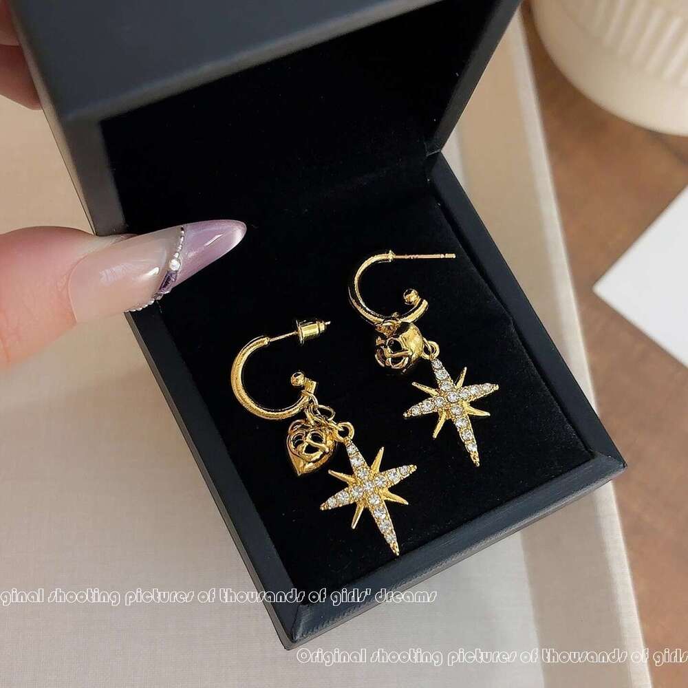 Light High-End Eight-Pointed Star Inlaid Dia Heart Summer Unique Niche Earrings