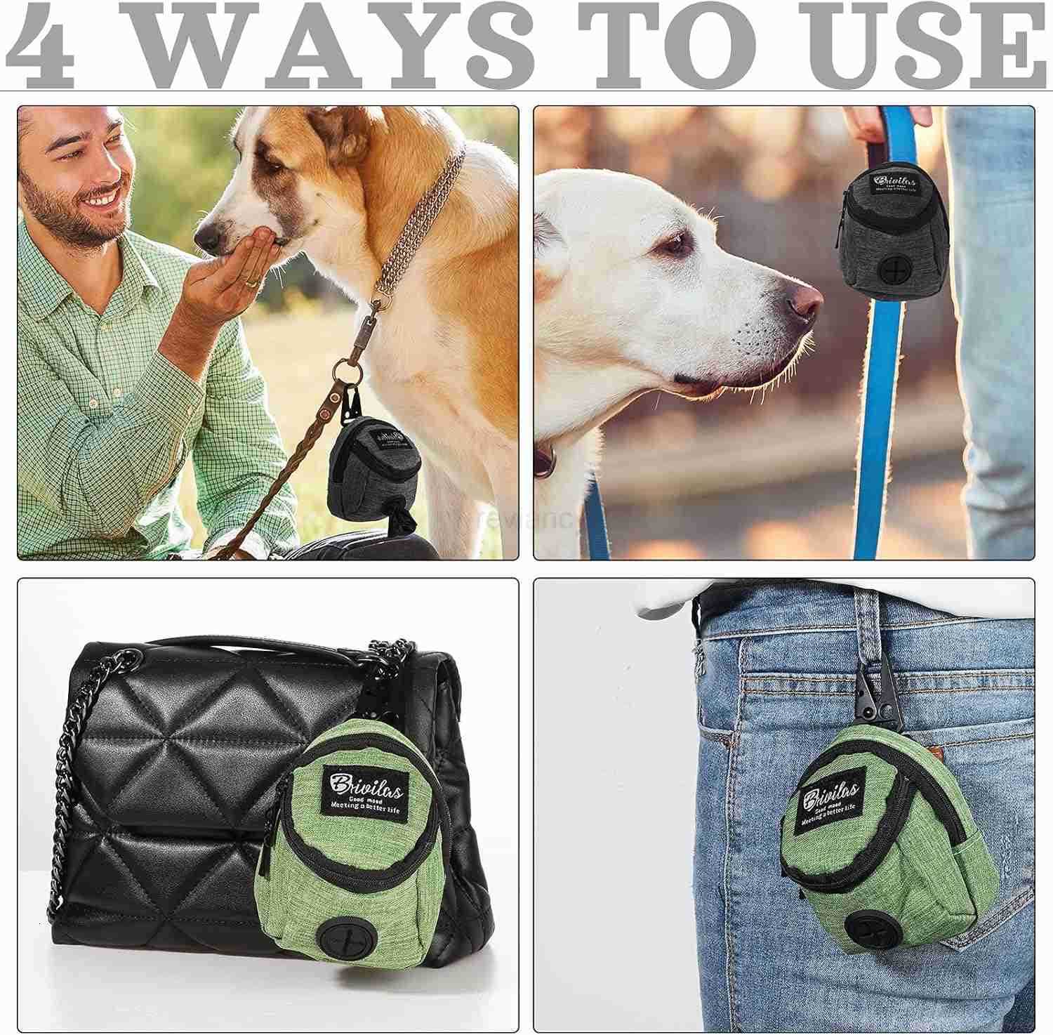 2 Pieces Dog Treat Pouch Pet Poop Bag Holder Dispenser Outdoor Carrier Waste Zipper Pouch with Metal Button for Most LeashGreen BlackSolidcolor Patter