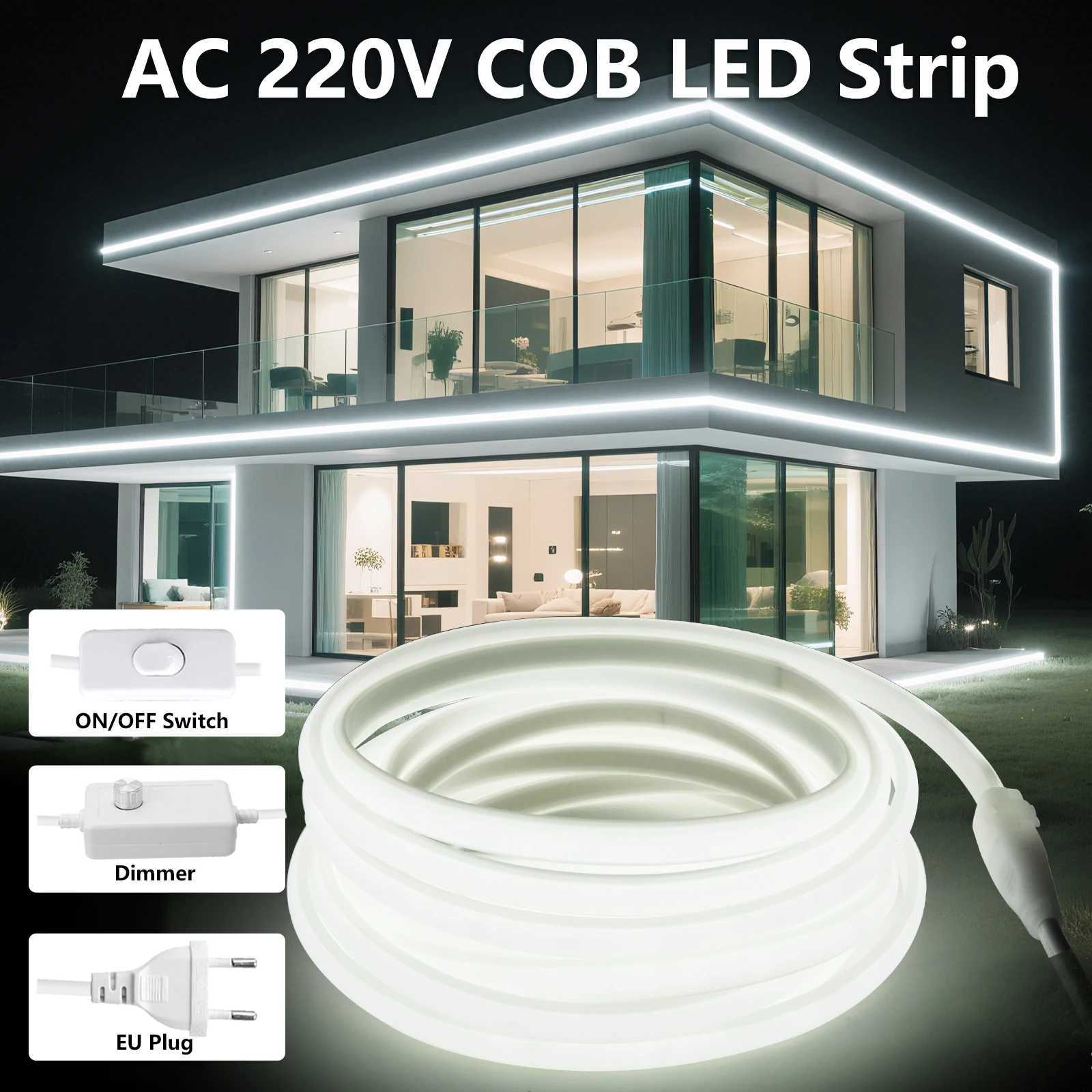 220V COB LED Strip Lights 288LEDsm Waterproof LED Strip with DimmerSwitch and Plug 05m 5m 10m 20m 35m Flexible Tape for Home C250912