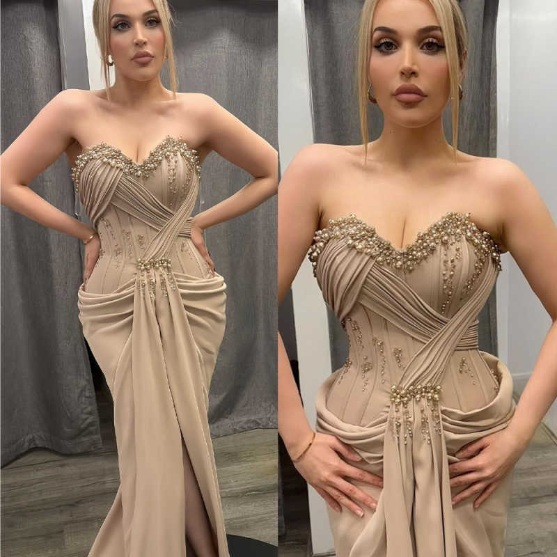 Unique Mermaid Evening Dress Strapless Pearls Beaded Prom Gowns Pleats Sleeveless High Splits Party Dresses Customized