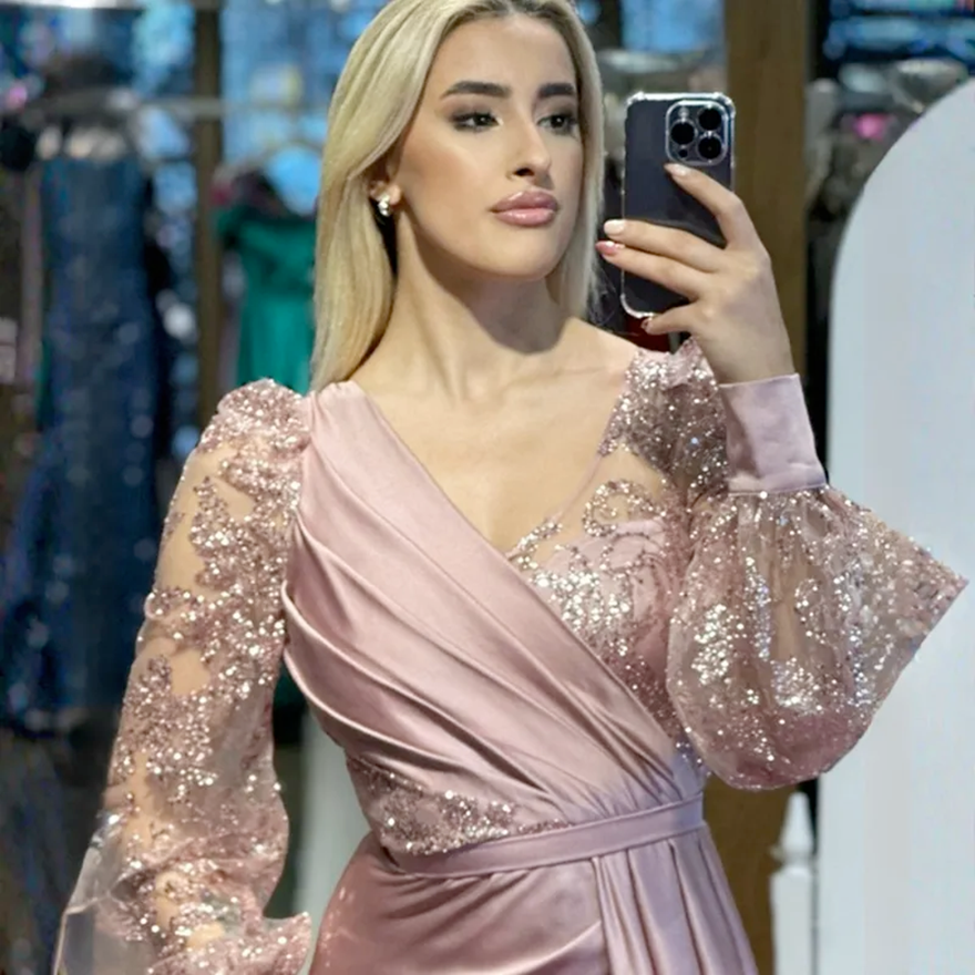 Dusty Rose Mother Of The Bride Plus Size V Neck Long Sleeves Lace Elegant Gorgeous Mother S Dress Split Elastic Satin Formal Evening Gowns