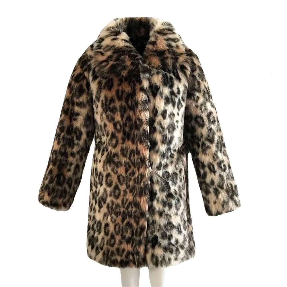 Turn-Down Collar Leopard Print Long Faux Fur Thickened Autumn Winter Mid-Length Coat