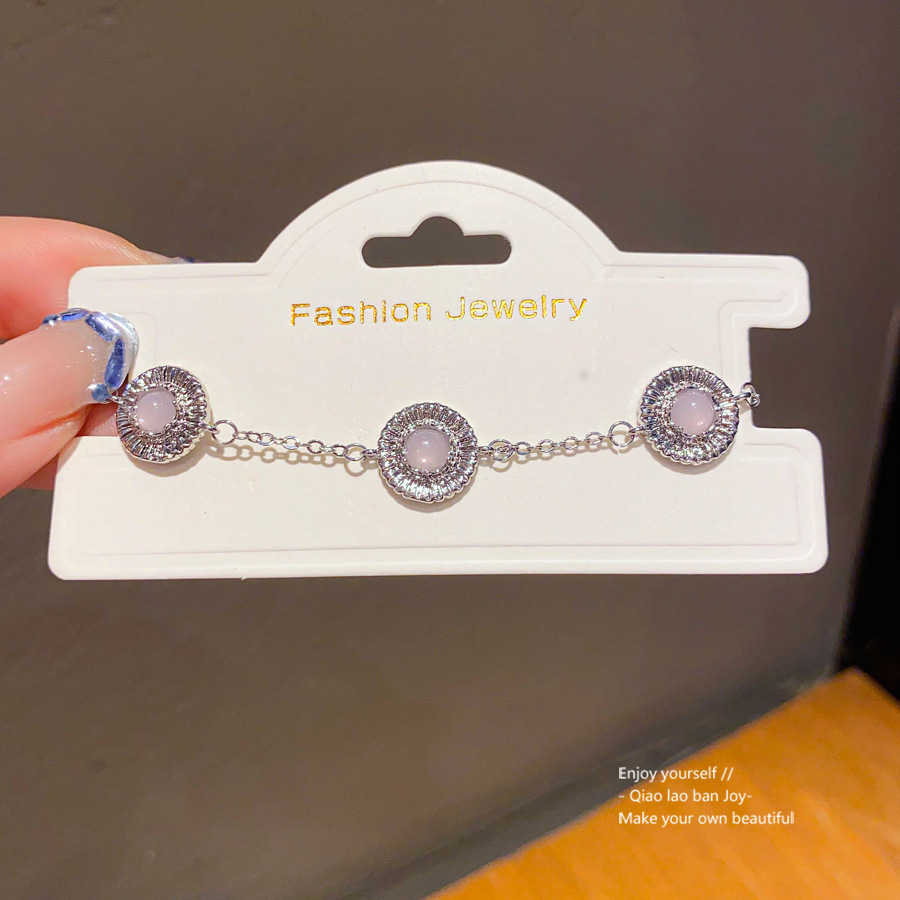 Silver - Toned Bracelet With Pink Gemstone And Rhinestone Circle Accents Delicate Daily & Charming Jewelry Gift For Her Elegant And Dainty Accessory