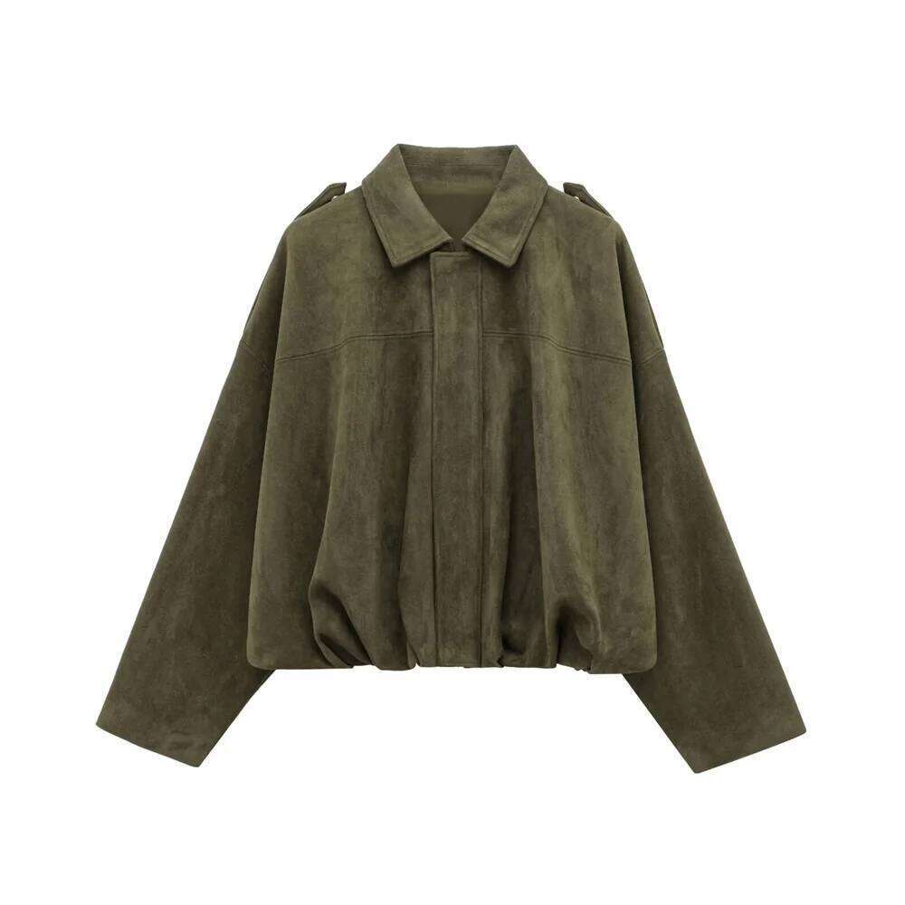 Pb&Za 2025 Women Faux Suede Collared Jacket With Shoulder Straps Loose Fit Stylish Olive Green For Sale On