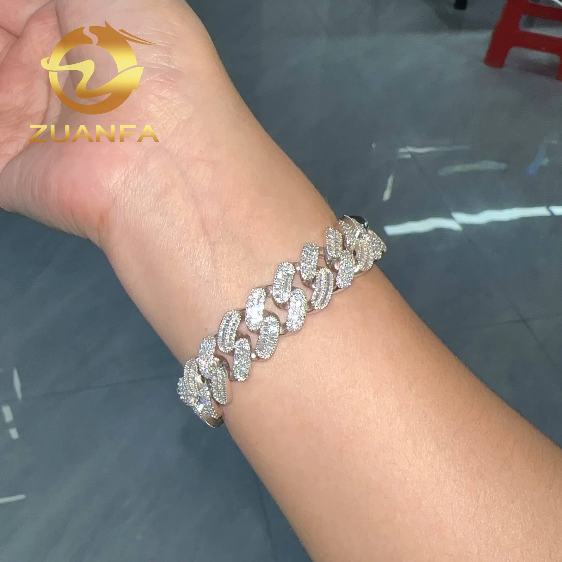 925 Silver 15mm Moissanite Cuban Link Bracelet Hip Hop Jewelry Round and Baguette Cut Iced Out Men Moissanite Bracelet