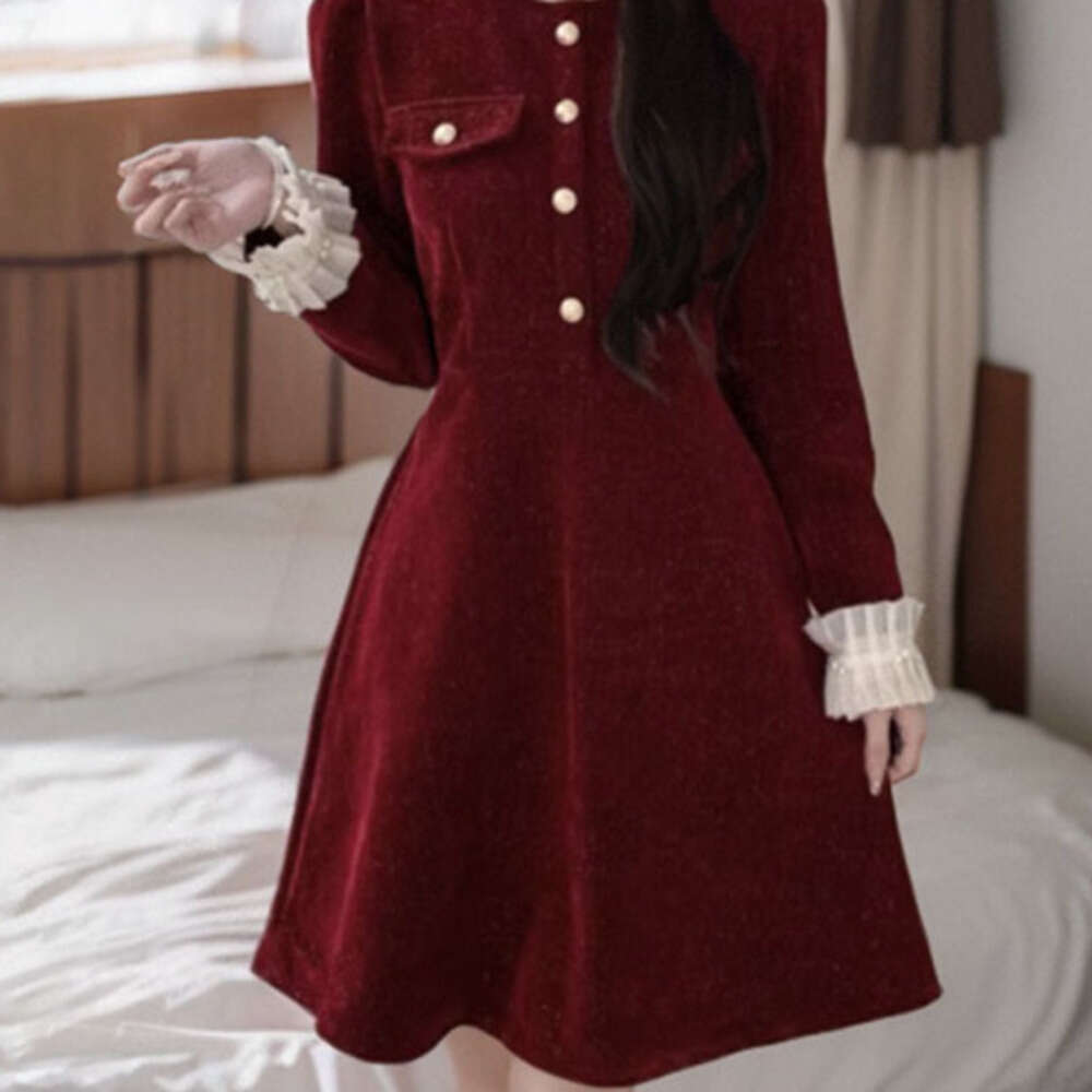 DHEssentials New Year Red Little Fragrance Style Dress for Women, Autumn and Winter Petite Party Dress, Light Luxury High-End Feel